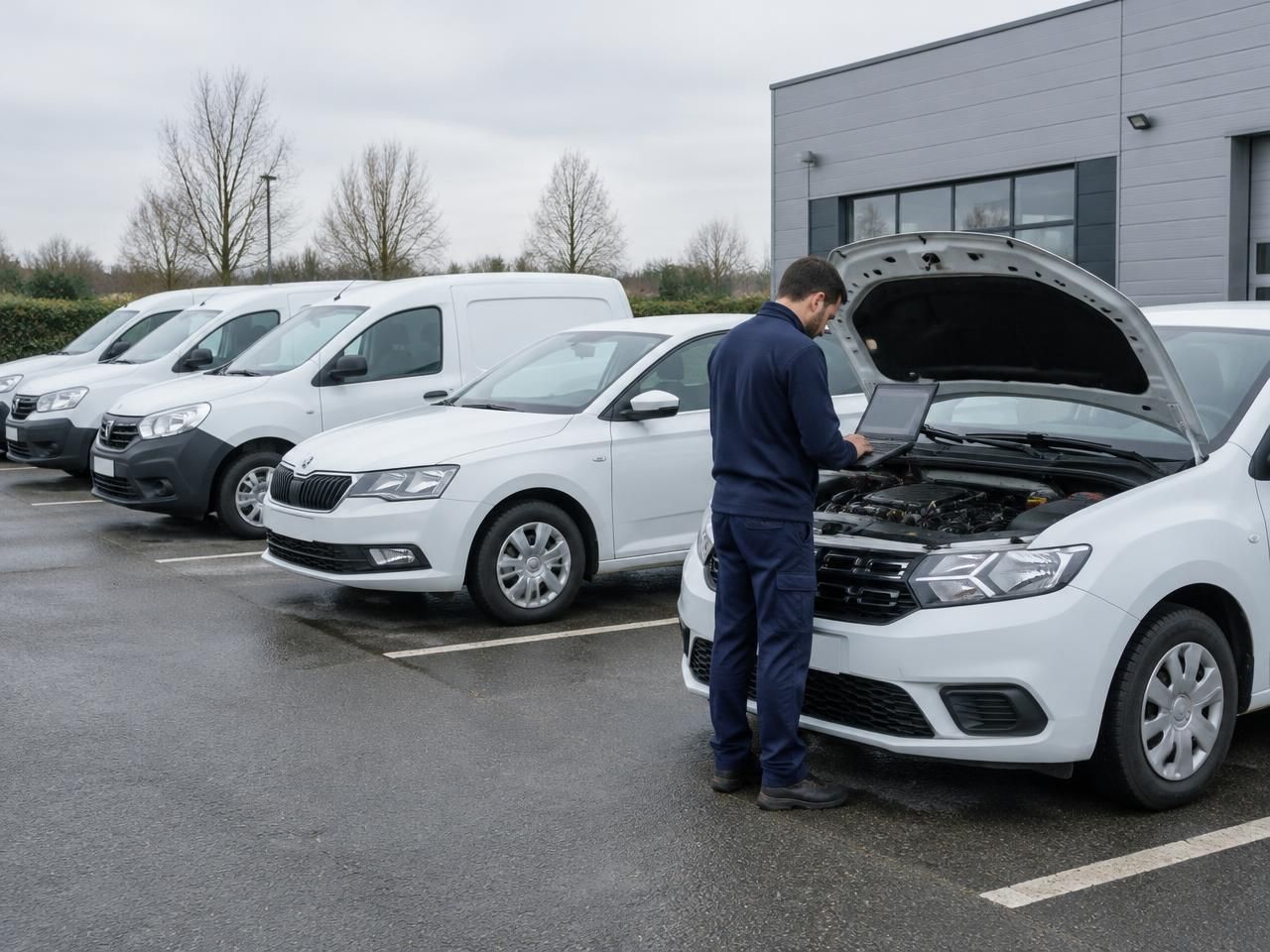 Serwis LPG dla flot - Wojas Auto Technik sprawdza auto z podniesioną maską na firmowym parkingu, w tle samochody dostawcze
