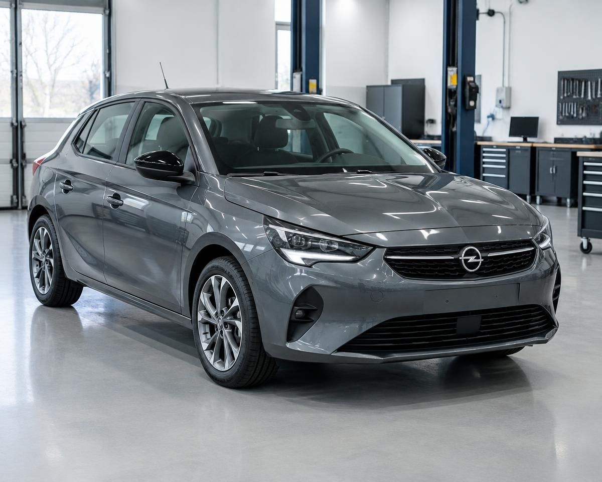 Serwis fabrycznego LPG w Oplu - Wojas Auto Szary Opel na stanowisku w jasnym warsztacie, przygotowany do serwisu fabrycznej instalacji gazowej