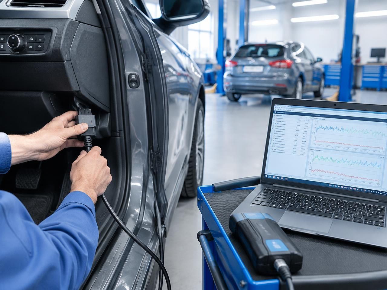 Technik podłącza komputer diagnostyczny do samochodu w warsztacie